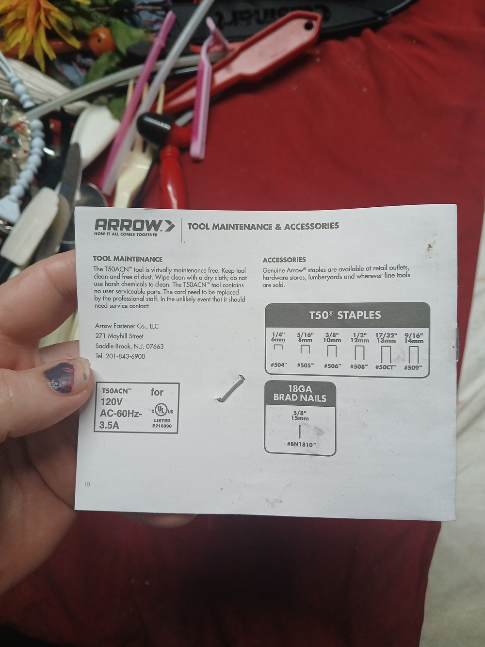 maintenance and accessories guide for the Arrow T50ACN electric staple gun.